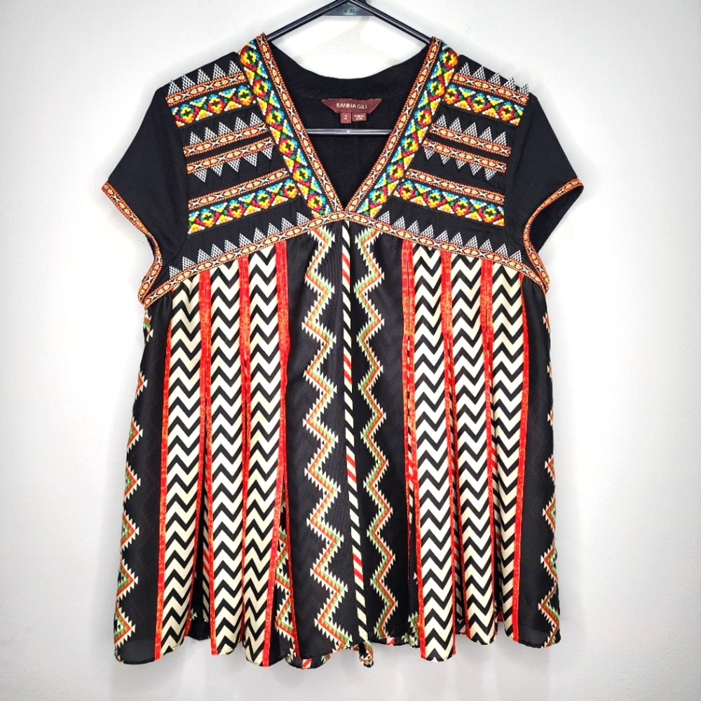 Anthropologie Ranna Gill Boho Western Aztec Multicolored Tunic Blouse Size 2